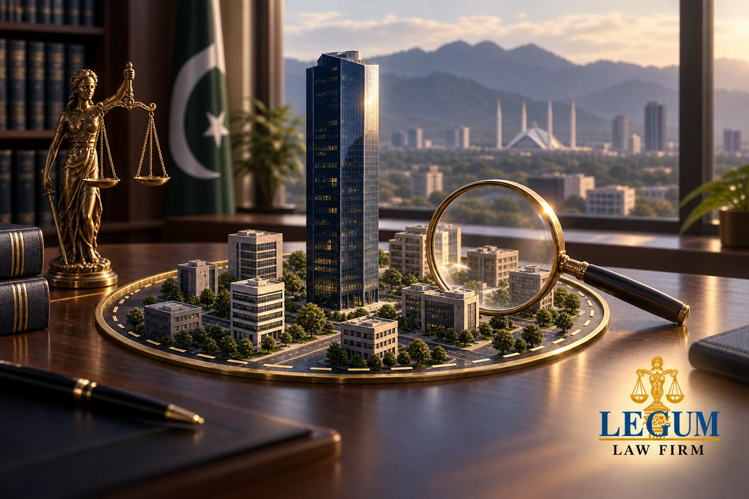 A tall commercial tower among smaller businesses inside a defined market, examined with a magnifying glass and scales.
