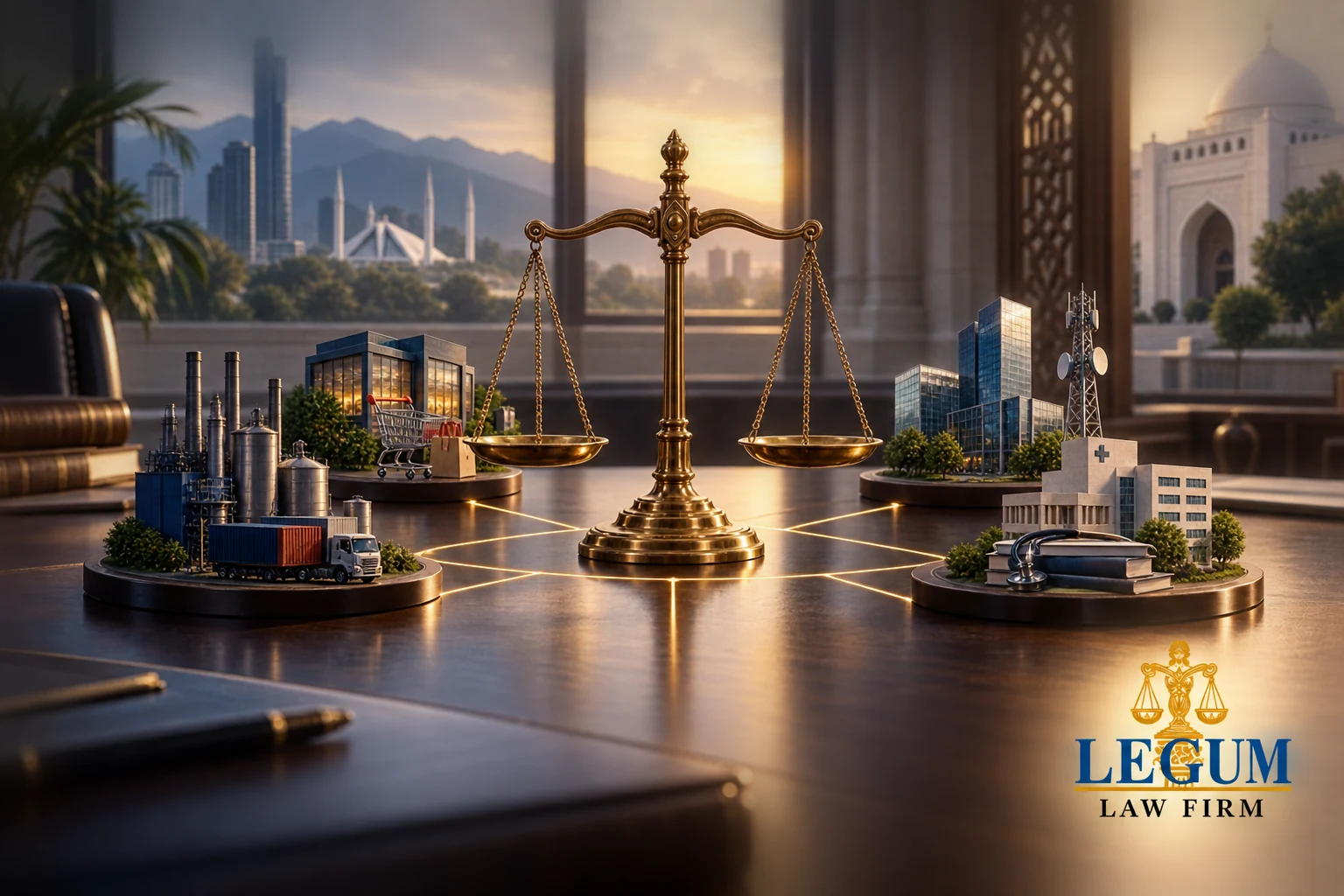 Balanced scales connecting models of industry, retail, telecommunications and services in a Pakistani regulatory setting.