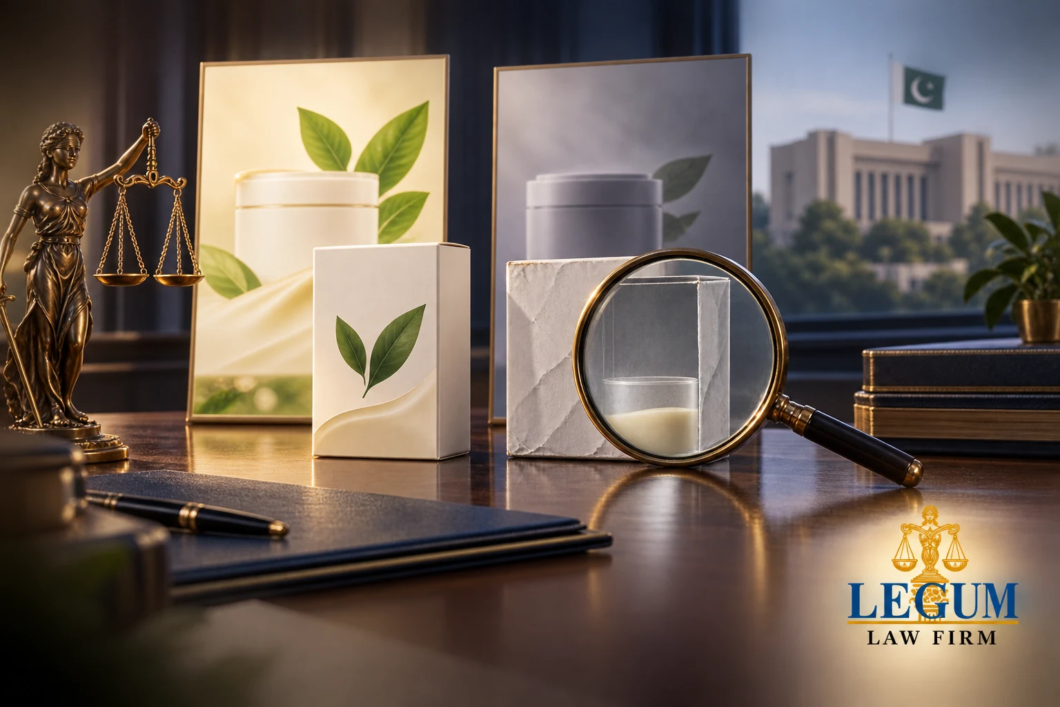 Two unbranded product presentations compared under a magnifying glass beside scales of justice.