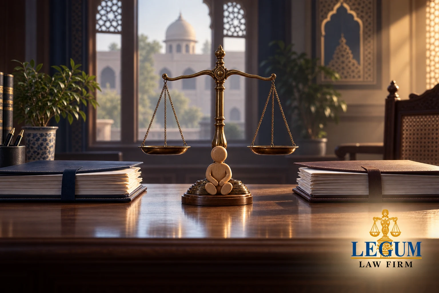 Balanced scales, opposing guardianship files and a child figure in a Pakistani Family Court setting.