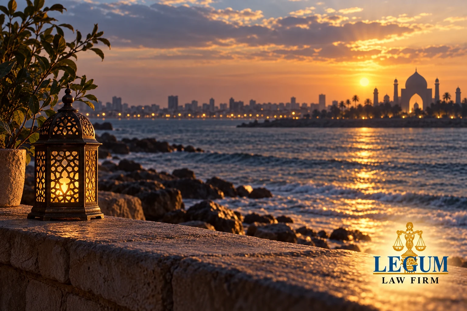 Editorial coastal twilight with a shrine-inspired silhouette and Legum Law Firm branding, commemorating Abdullah Shah Ghazi.