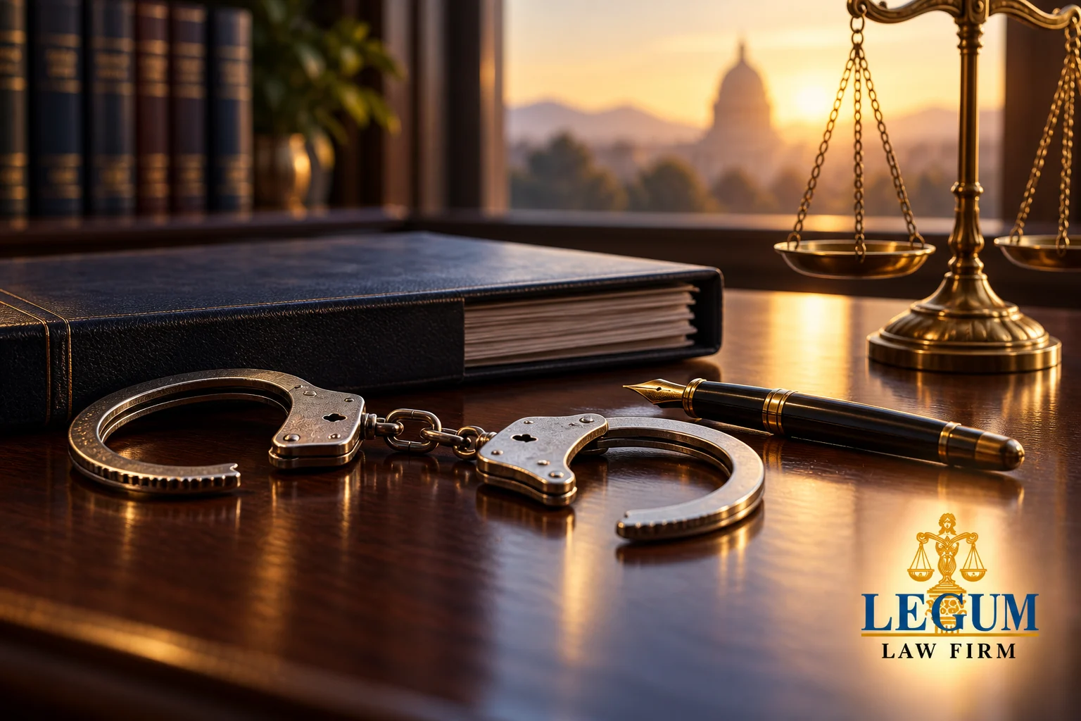 Open handcuffs beside a court file, pen and scales with the Legum Law Firm logo