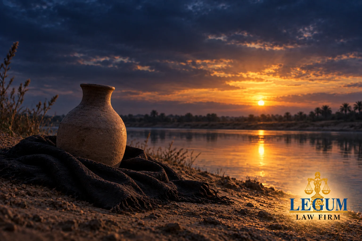 An earthenware water vessel rests on dark cloth beside a river at sunset.