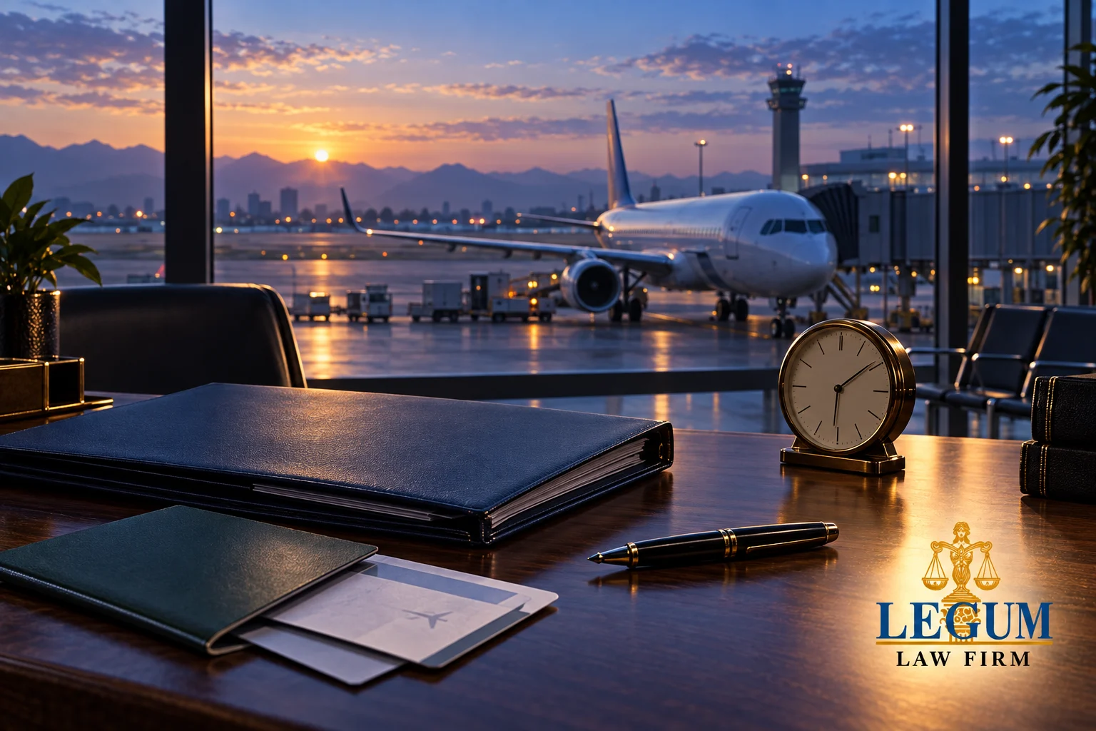 Aircraft outside an airport window, with travel papers, a legal folder and a clock on a desk; Legum logo.