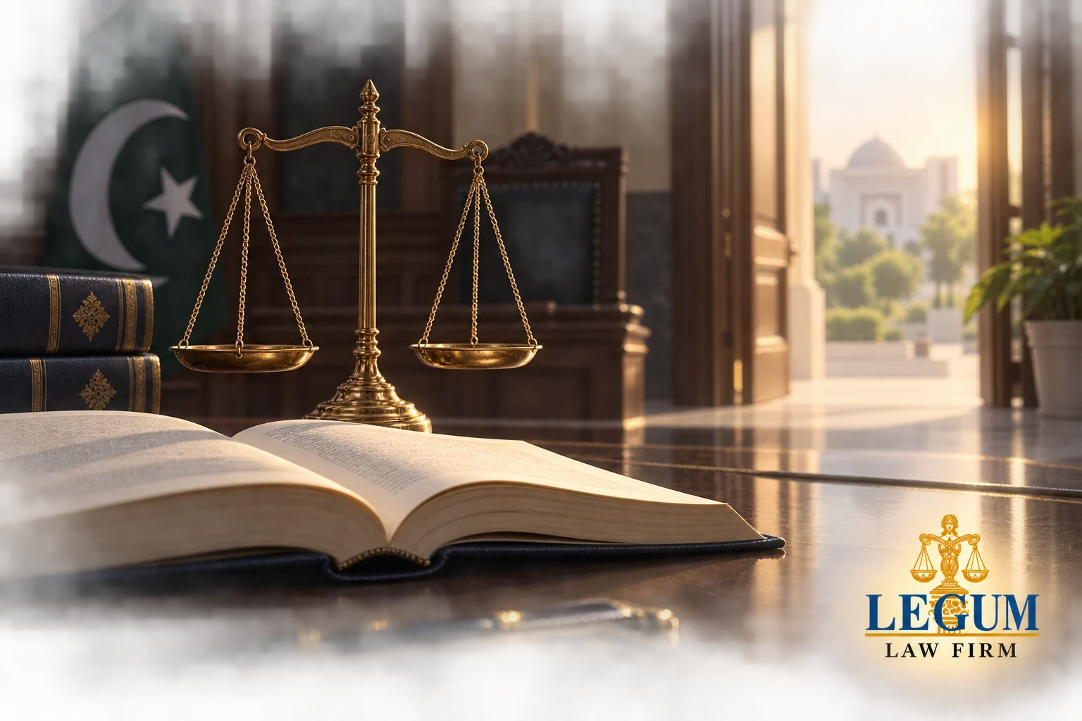 Brass scales of justice beside an open law book in a Pakistani courtroom.
