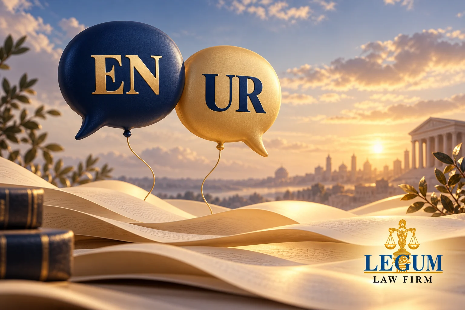 Blue and gold speech-bubble balloons marked EN and UR float above open books.