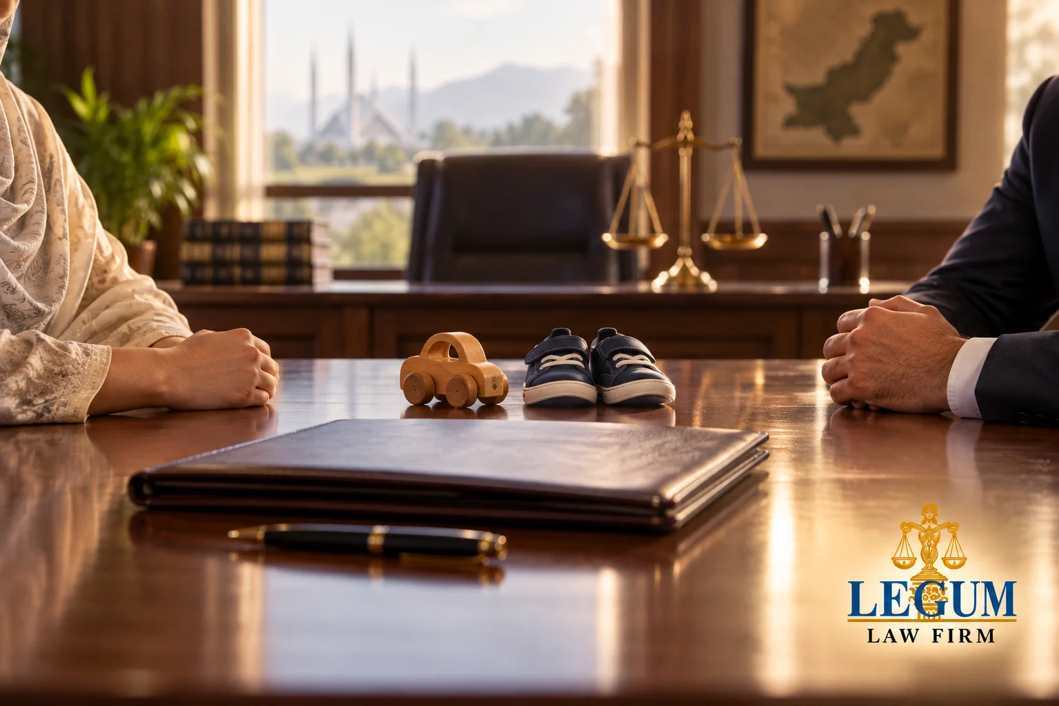 Child’s shoes and wooden toy between two parents at a family-law meeting, with scales and the Legum Law Firm logo