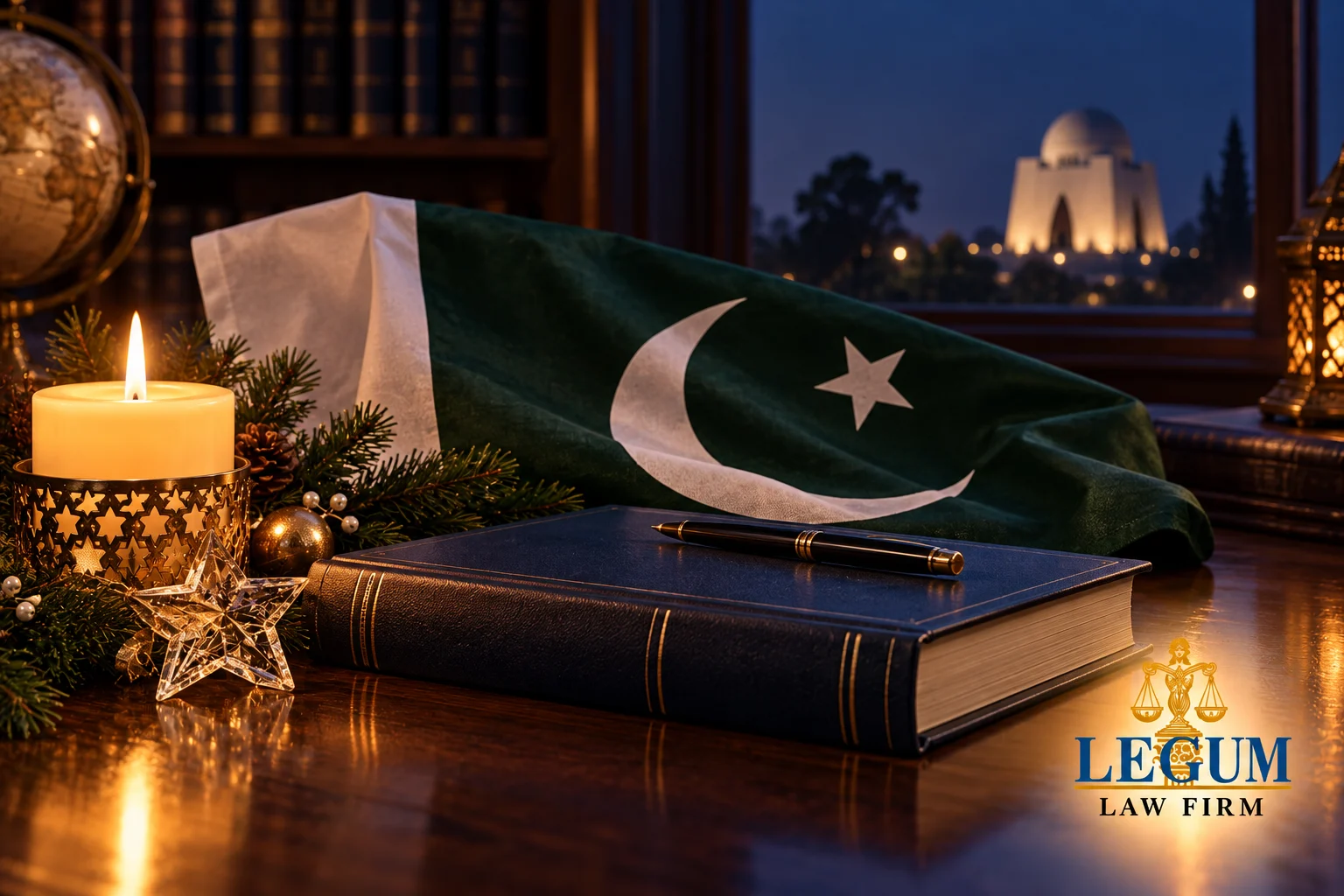A Christmas candle and star beside Pakistan’s flag and a law book, with Mazar-e-Quaid beyond the window.