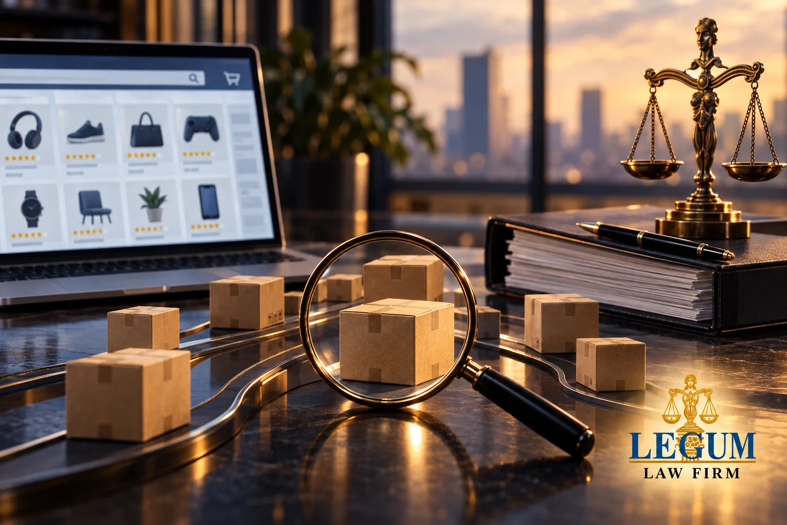 E-commerce parcels, magnifying glass, laptop and scales with the Legum Law Firm logo