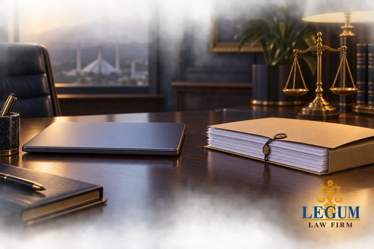A closed laptop beside a paper filing folder on a law office desk.