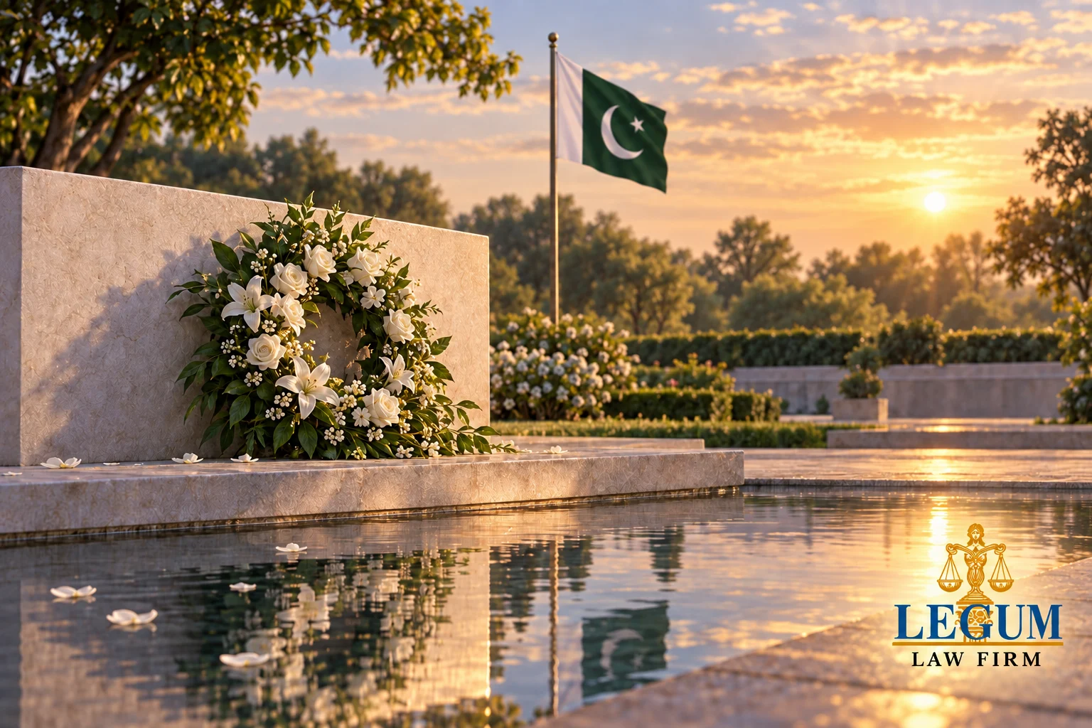 A white floral wreath beside a reflecting pool and Pakistan flag in a peaceful garden.