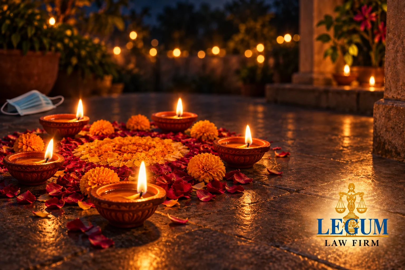 Diwali lamps and a discreet face mask, reflecting the public-health context of 2020.