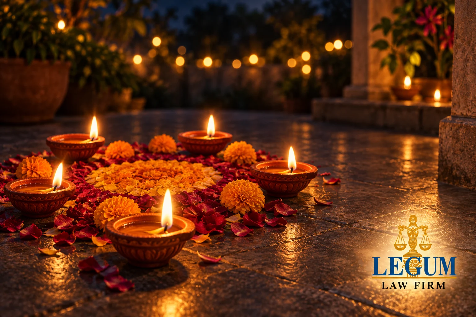 Glowing clay oil lamps surround a floral pattern of marigolds and rose petals.