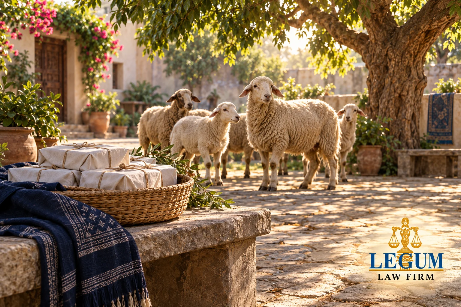 Sheep in a sunlit courtyard, with wrapped parcels in a wicker basket.