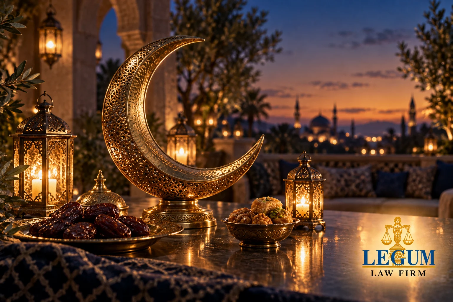 Brass crescent, lanterns, dates and Eid sweets at twilight with the Legum Law Firm logo