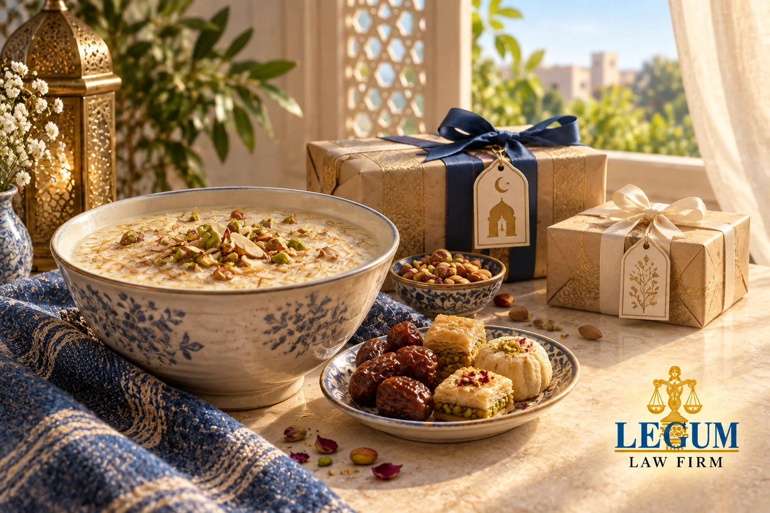 Vermicelli pudding, dates and sweets beside wrapped gifts and a brass lantern.