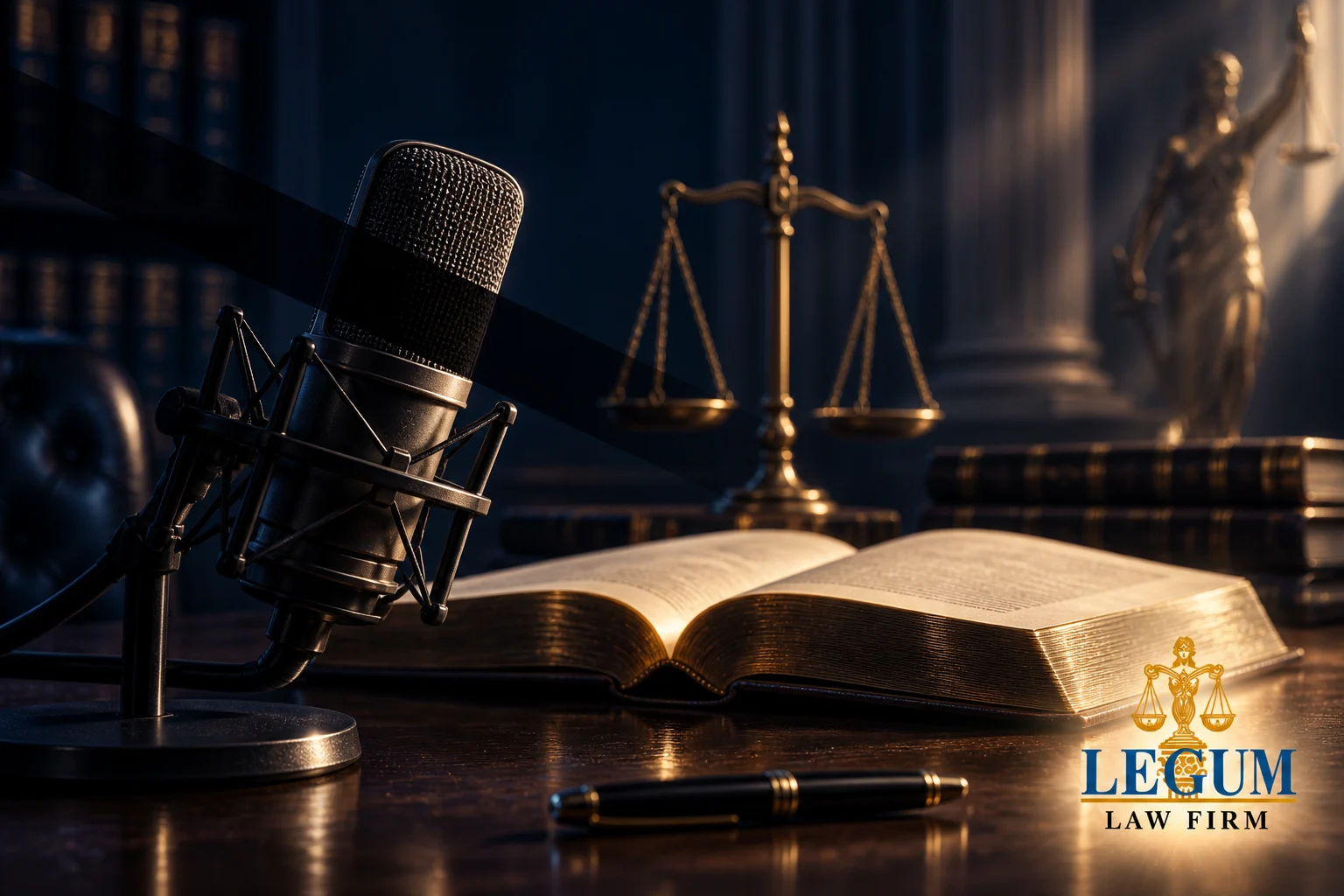 Broadcast microphone, open legal volume and scales with the Legum Law Firm logo