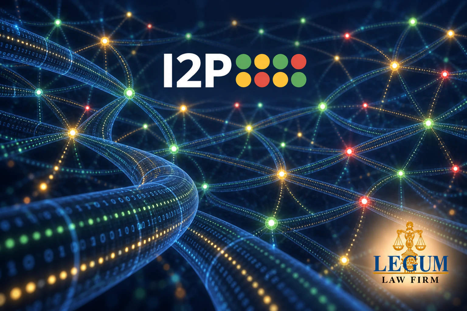 Official I2P and Legum Law Firm logos above a layered network of encrypted tunnels and distributed nodes.