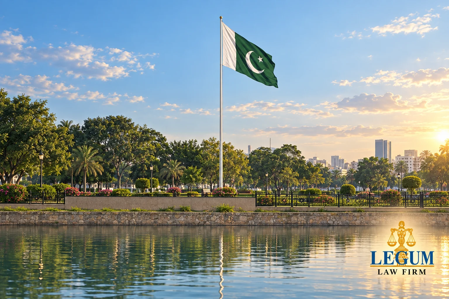 National flag of Pakistan above a landscaped garden and reflecting water with the Legum Law Firm logo