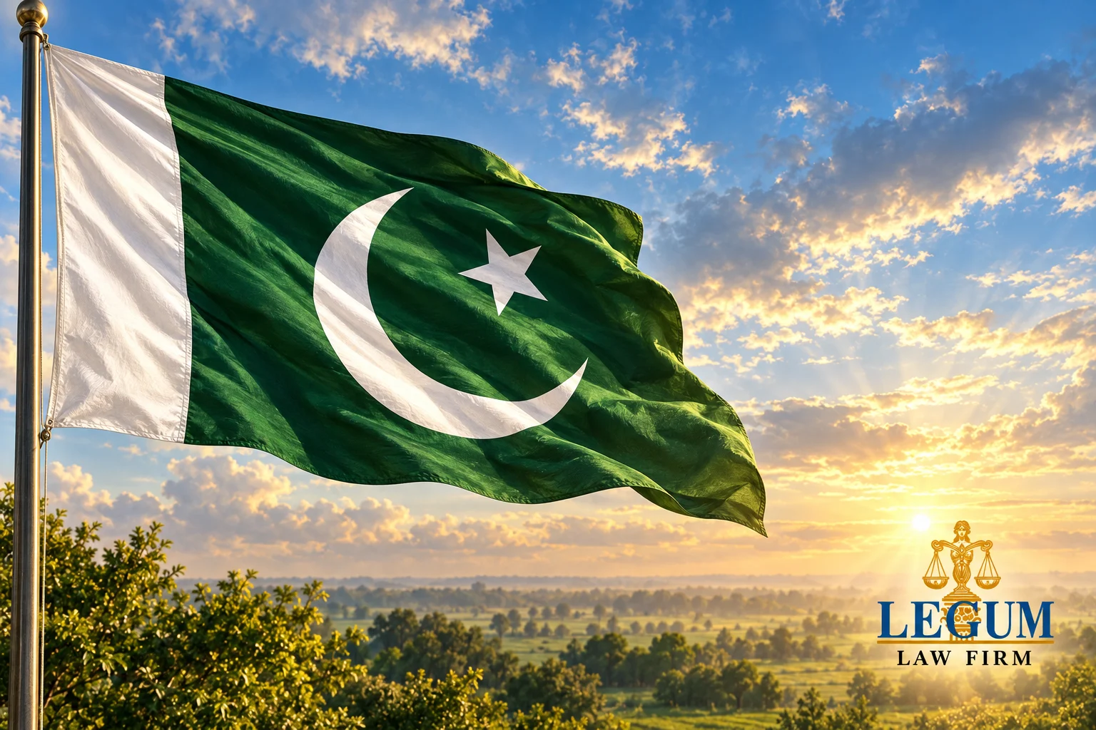 Pakistan’s green and white flag billows above fields beneath a sunlit sky.