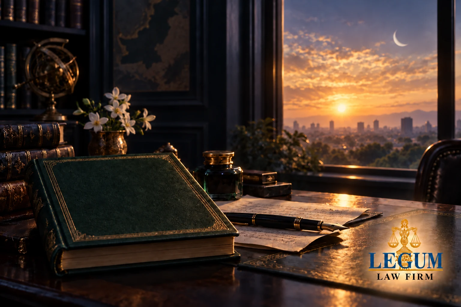 A contemplative legal study marking Iqbal Day, with a book, manuscript, and dawn over Lahore.