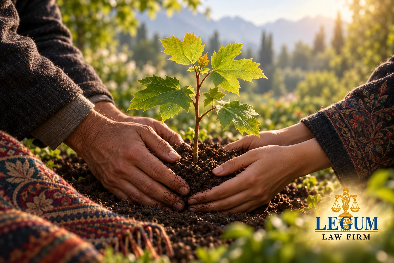 Two pairs of hands gently gather soil around a young chinar tree.