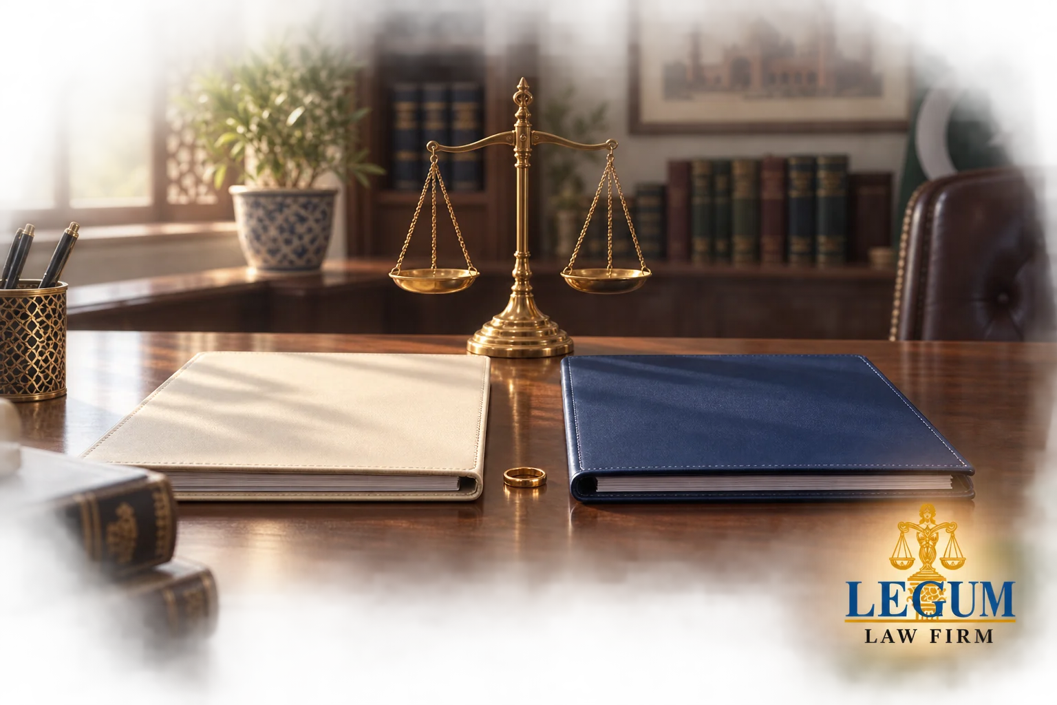 Two legal folders and a wedding ring beside scales of justice in a family-law office.