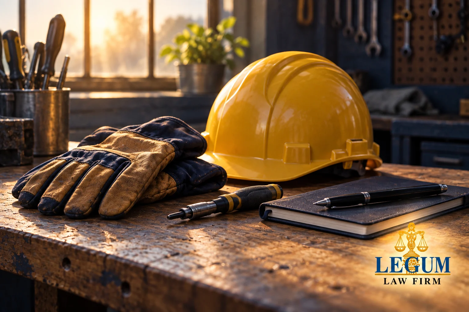 A yellow safety helmet, work gloves, screwdriver and notebook on a workshop bench.