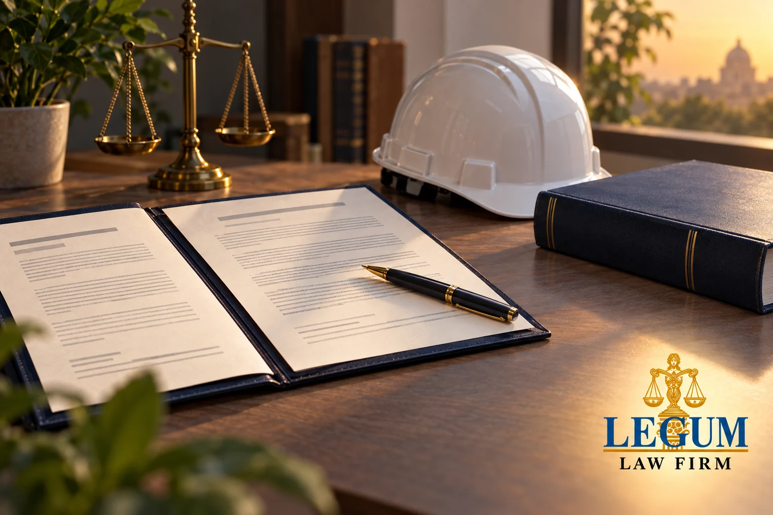 A white safety helmet, documents, a pen and scales of justice on a desk.