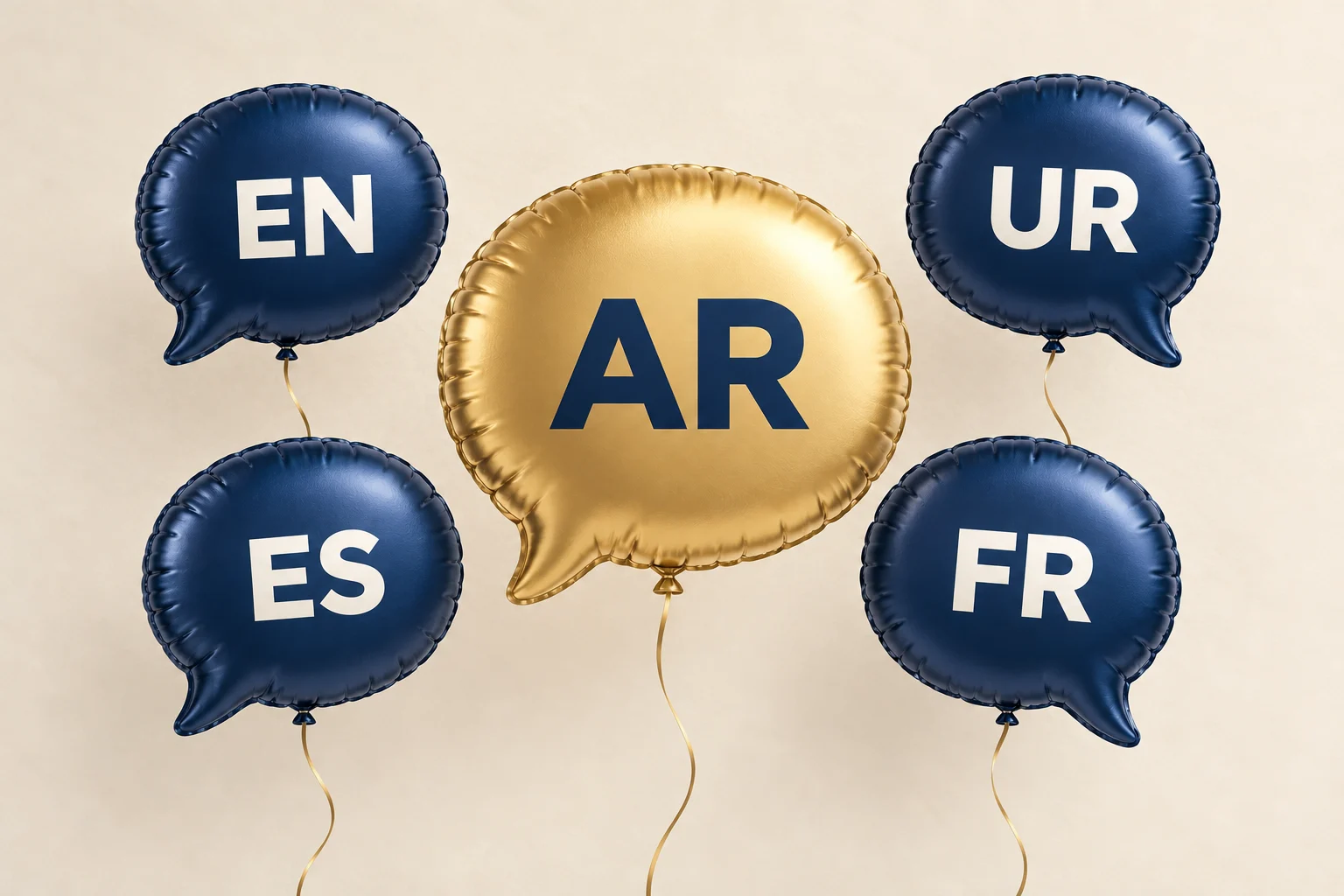 AR on a gold speech-bubble balloon joining the existing website languages on navy balloons.