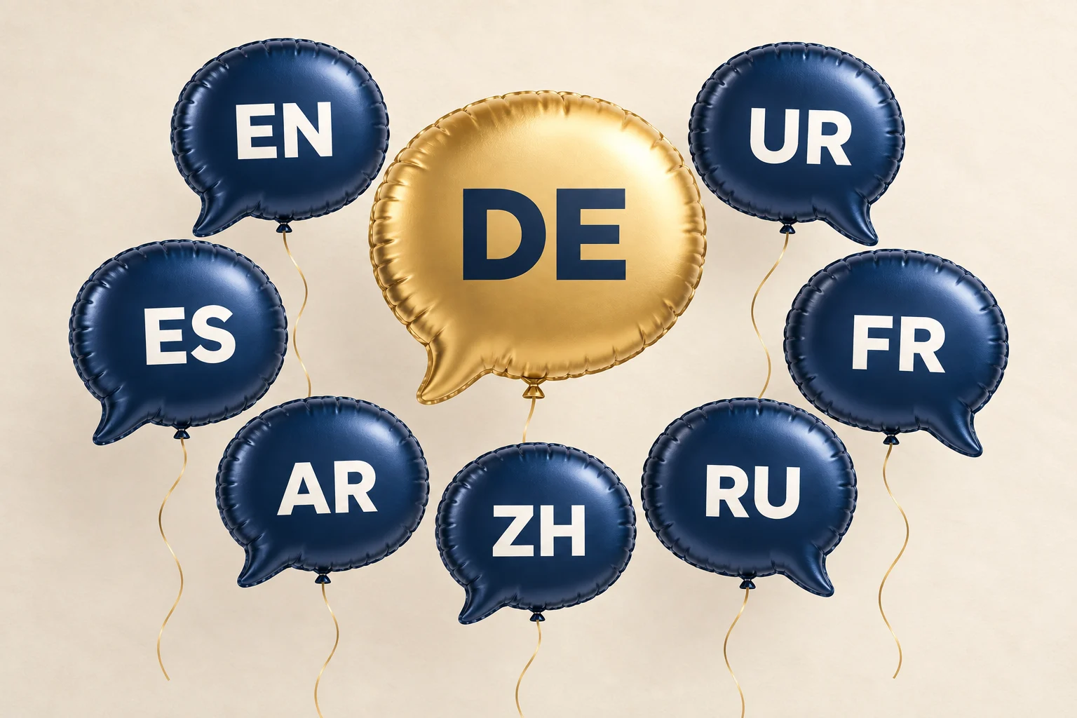 DE on a gold speech-bubble balloon joining the existing website languages on navy balloons.