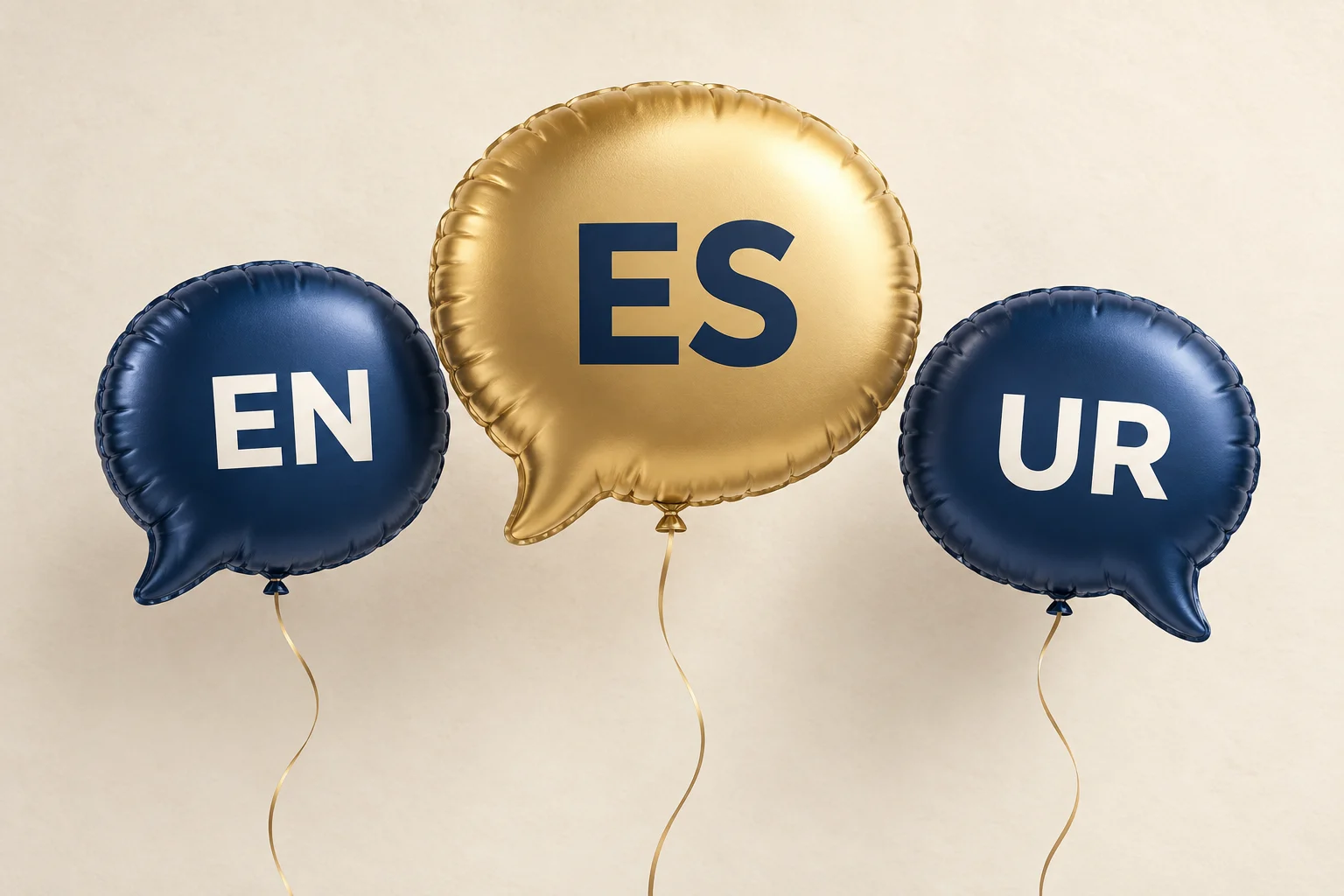 ES on a gold speech-bubble balloon joining the existing website languages on navy balloons.