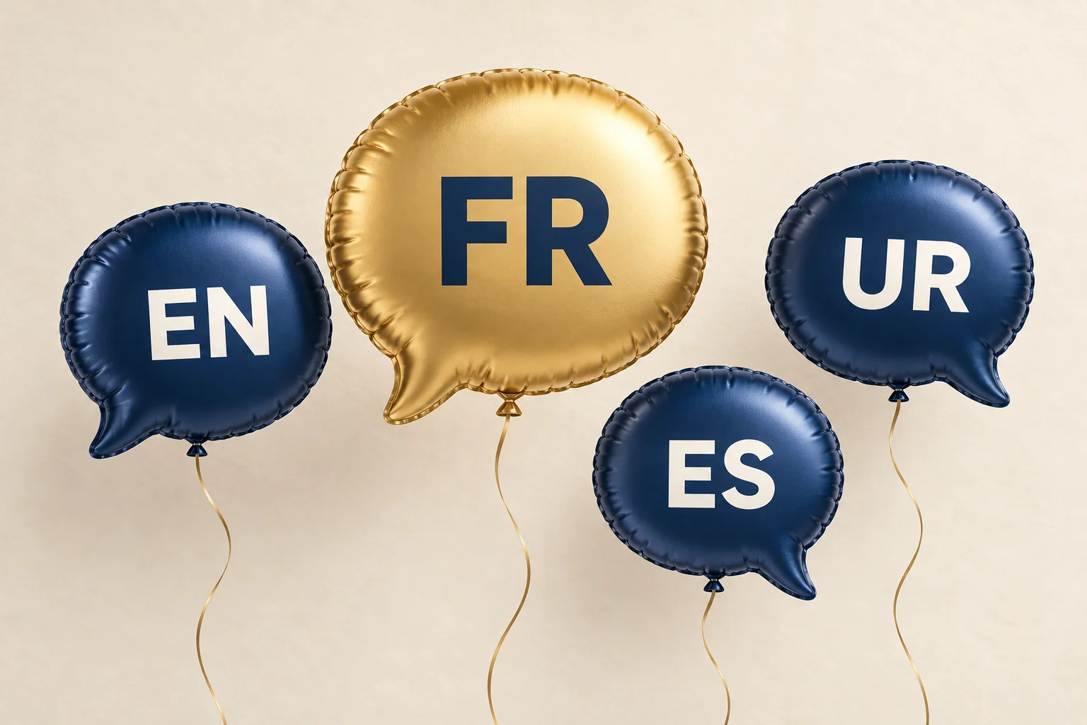 FR on a gold speech-bubble balloon joining the existing website languages on navy balloons.