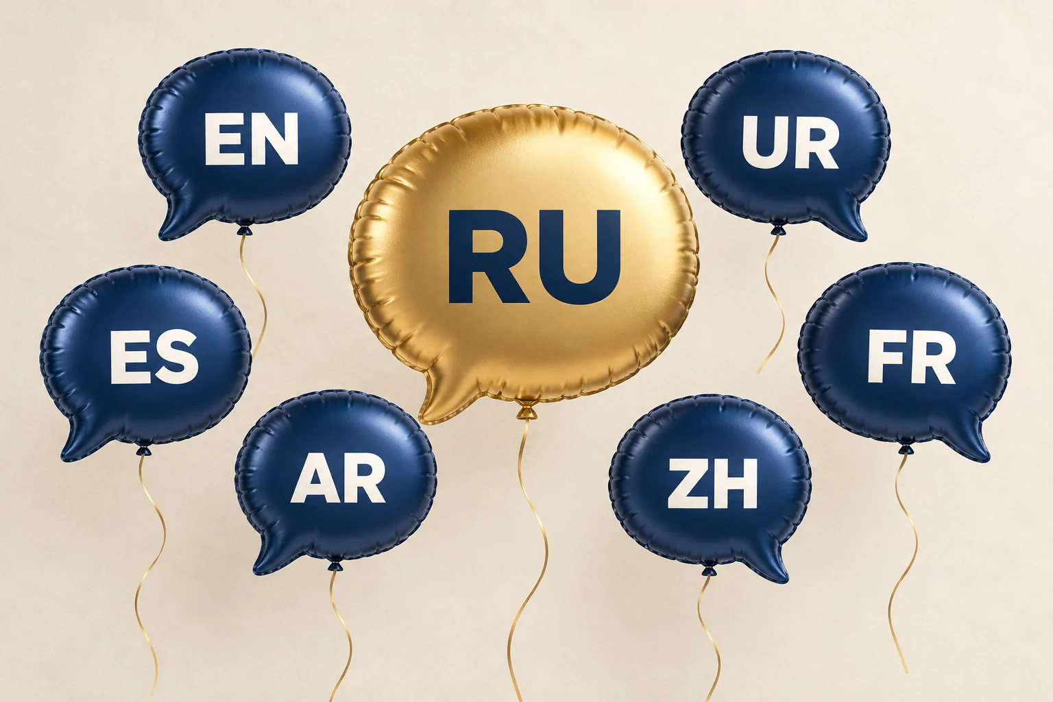 RU on a gold speech-bubble balloon joining the existing website languages on navy balloons.