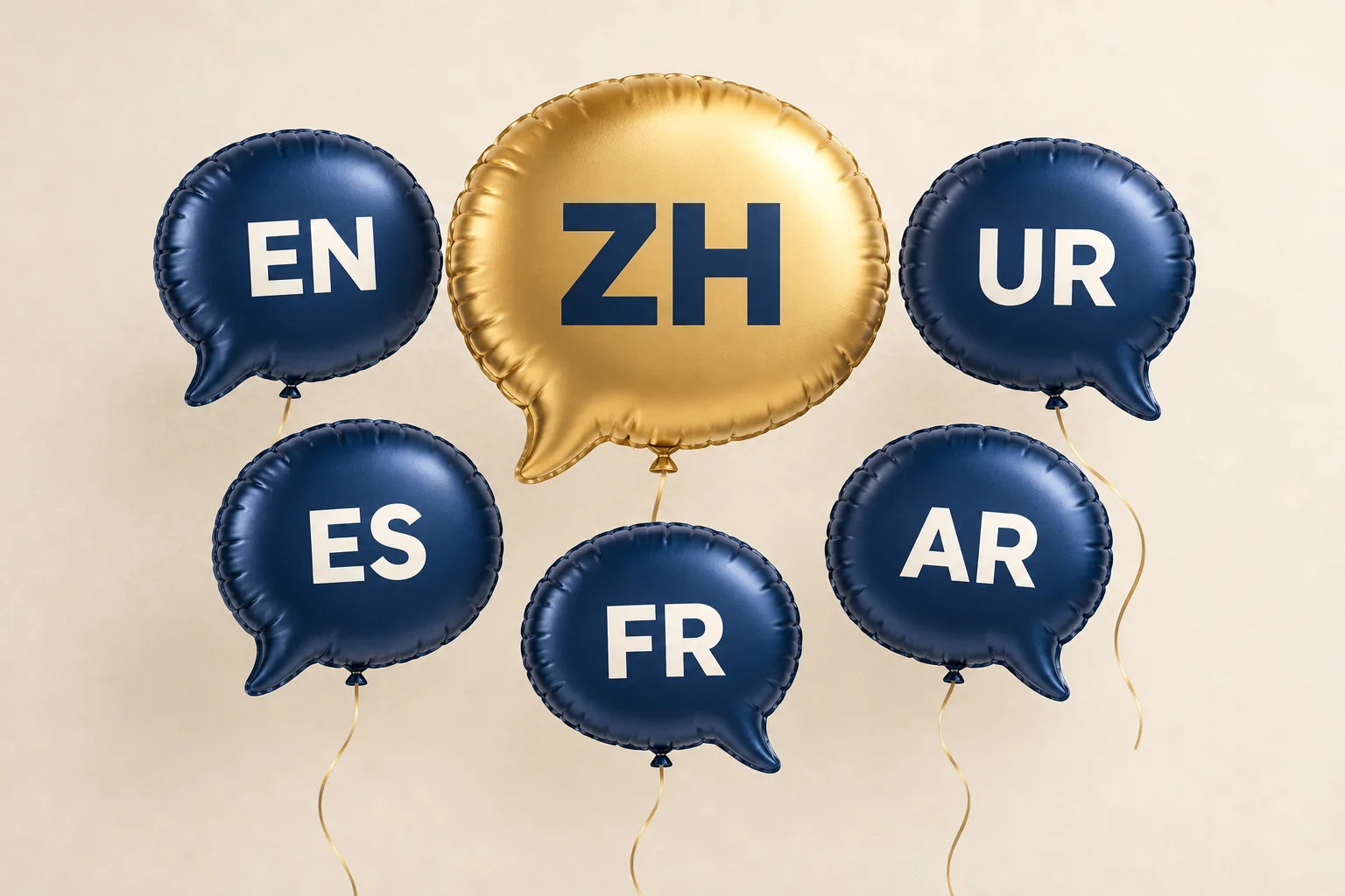 ZH on a gold speech-bubble balloon joining the existing website languages on navy balloons.