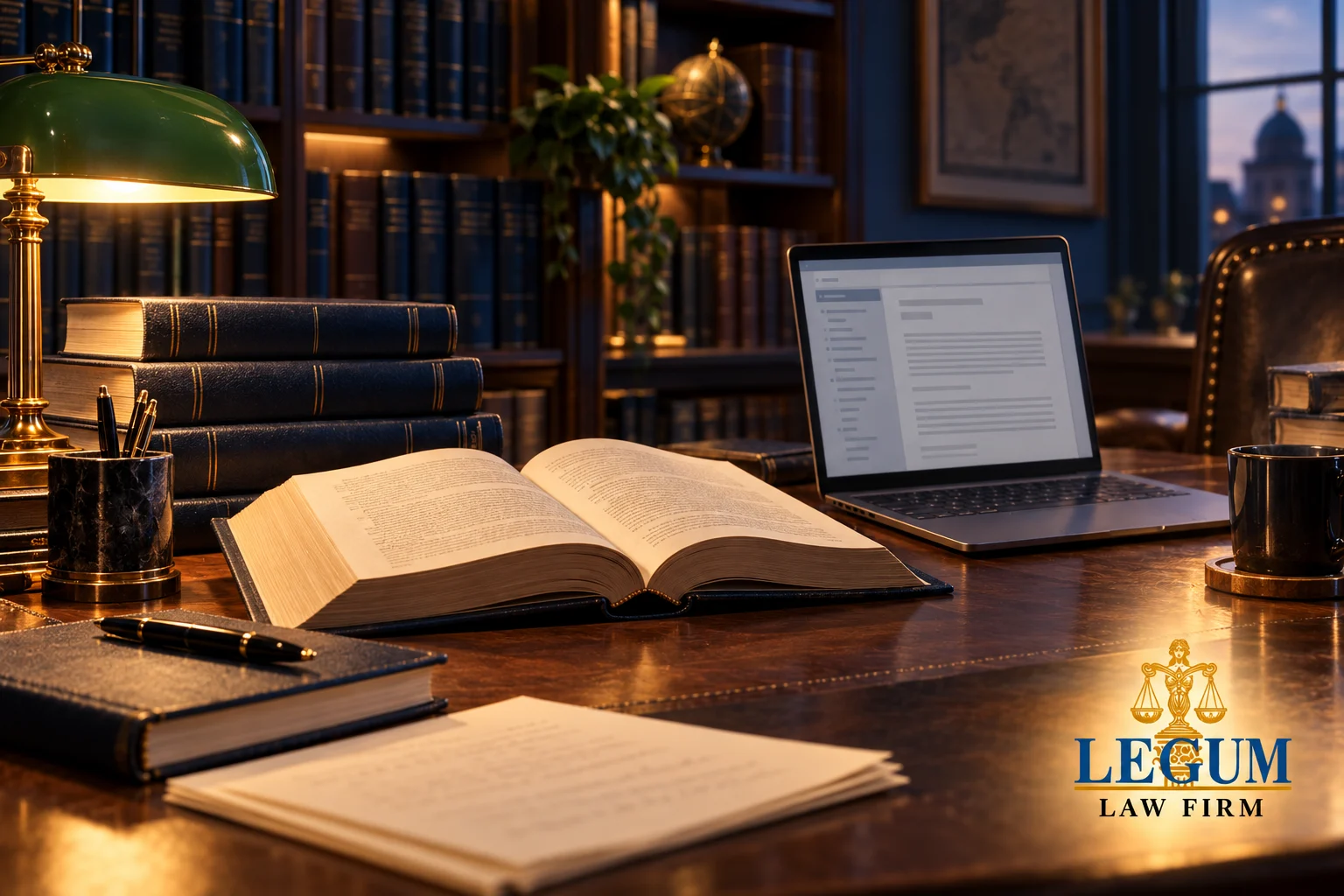 An open law book and laptop on a warmly lit library desk.