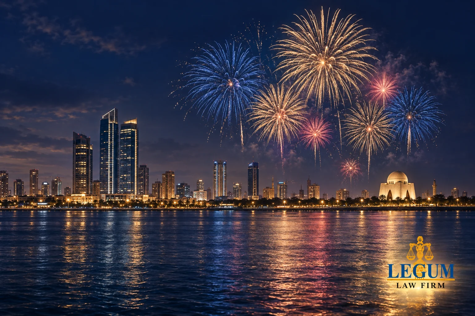 Fireworks over Karachi’s waterfront at night with the Legum Law Firm logo