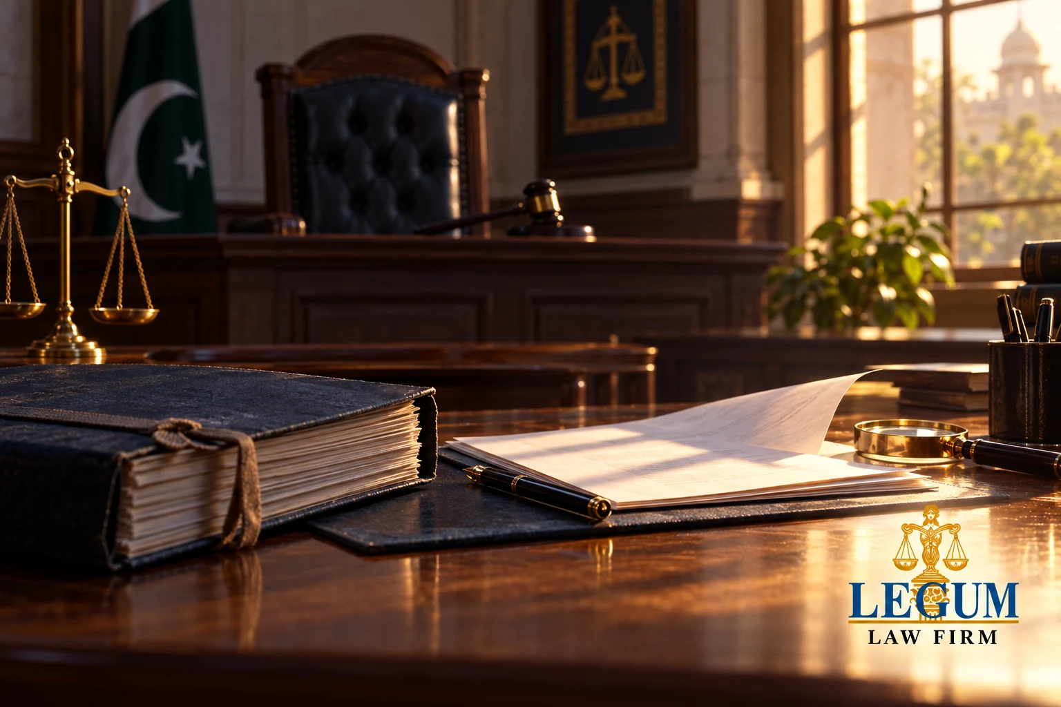 A case file and documents under review in a Pakistani courtroom; Legum Law Firm logo at lower right.