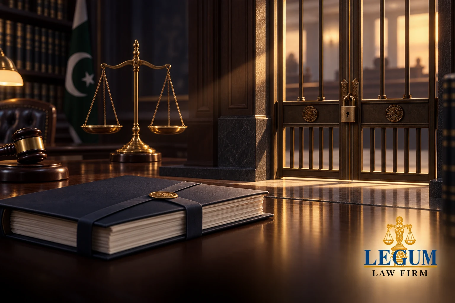 A closed brass judicial gate, balanced scales and an application file symbolizing refusal of temporary injunctive relief.