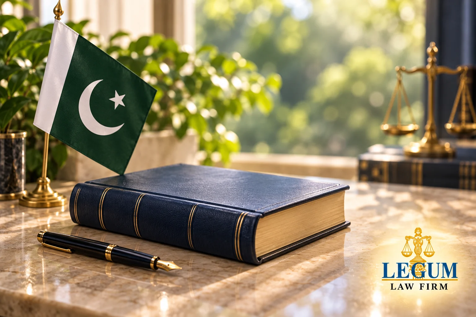 A Pakistan flag, closed law book and fountain pen, with scales of justice in the background.