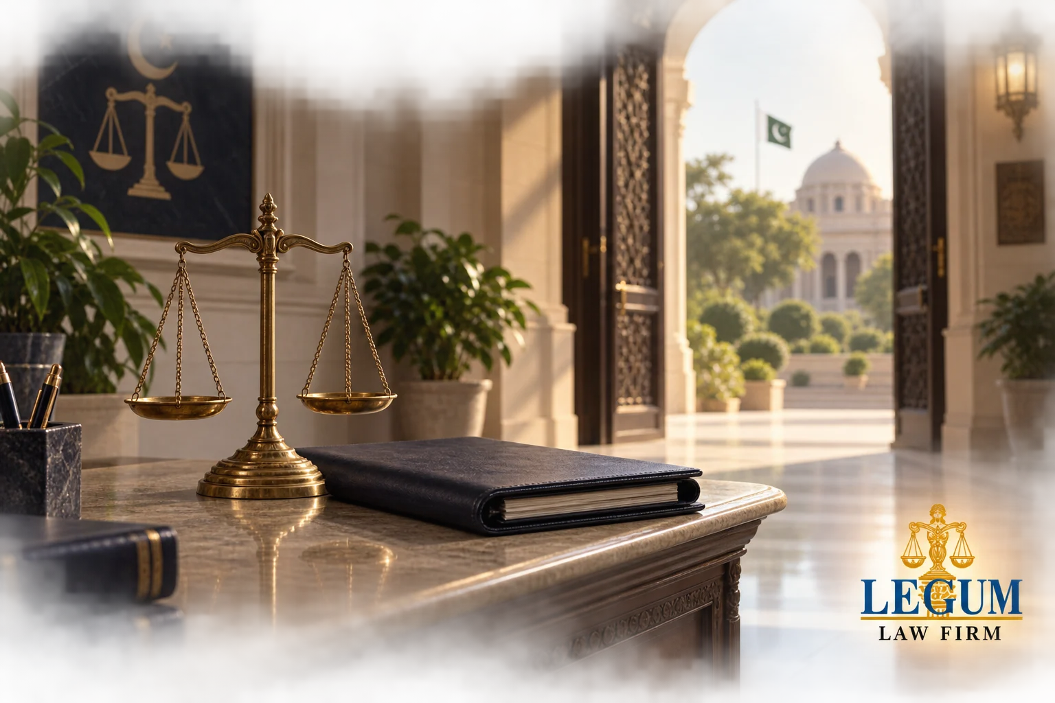 Open courthouse doorway, legal file and scales of justice, illustrating pre-arrest protection.