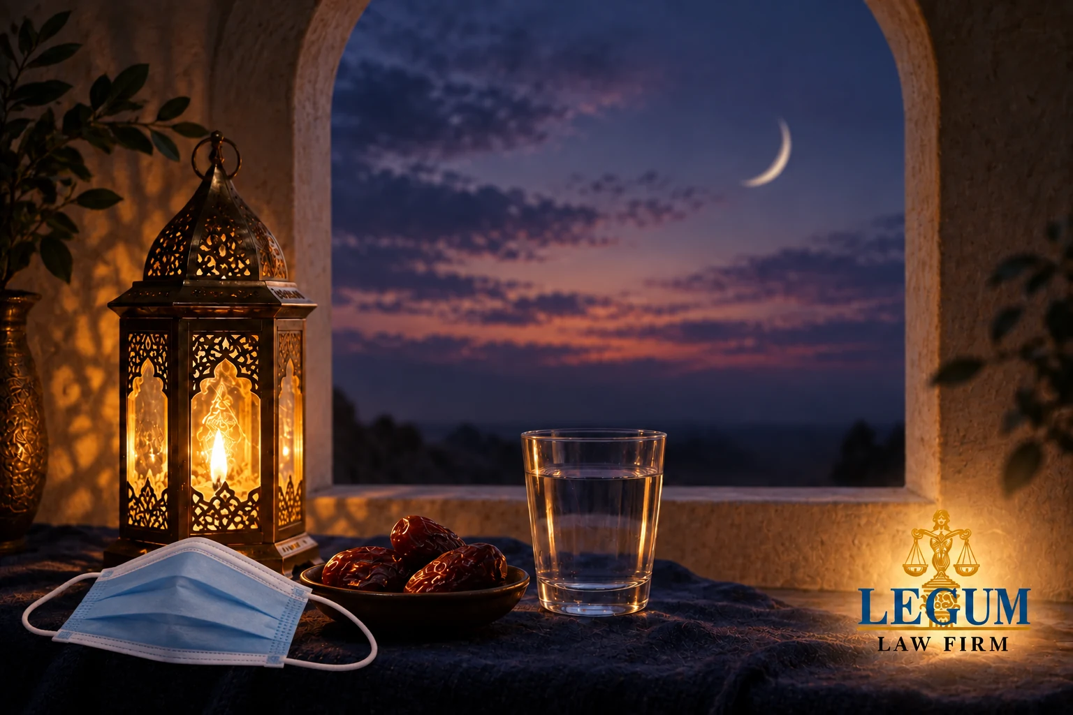 Ramadan still life with a medical face mask recalling the public-health precautions of 2020 and Legum Law Firm branding.