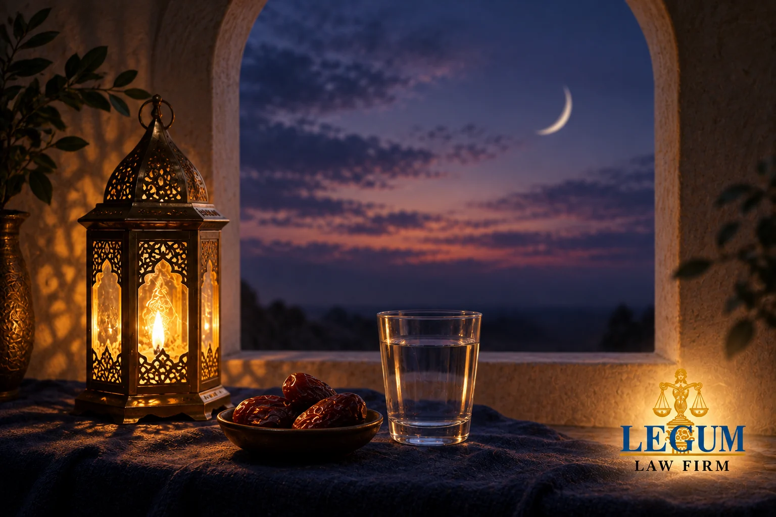A glowing lantern, dates and a glass of water beneath an arched window and crescent moon.