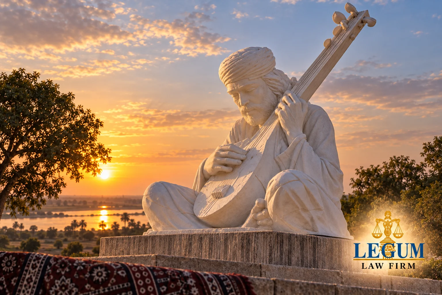 Monument to Shah Abdul Latif Bhittai with a traditional instrument at sunset and the Legum Law Firm logo