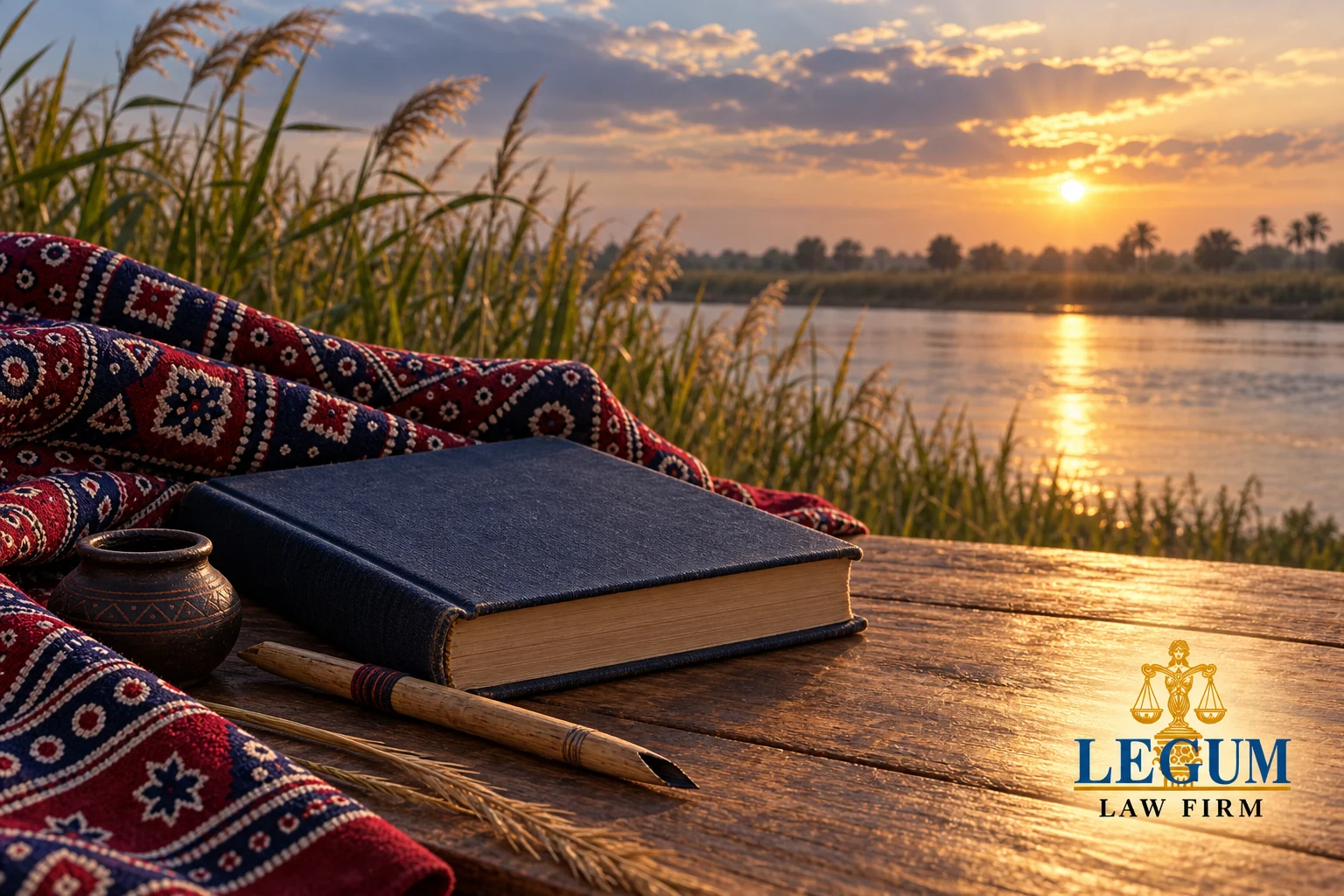 A closed book, reed pen and ajrak cloth beside a river in golden light.