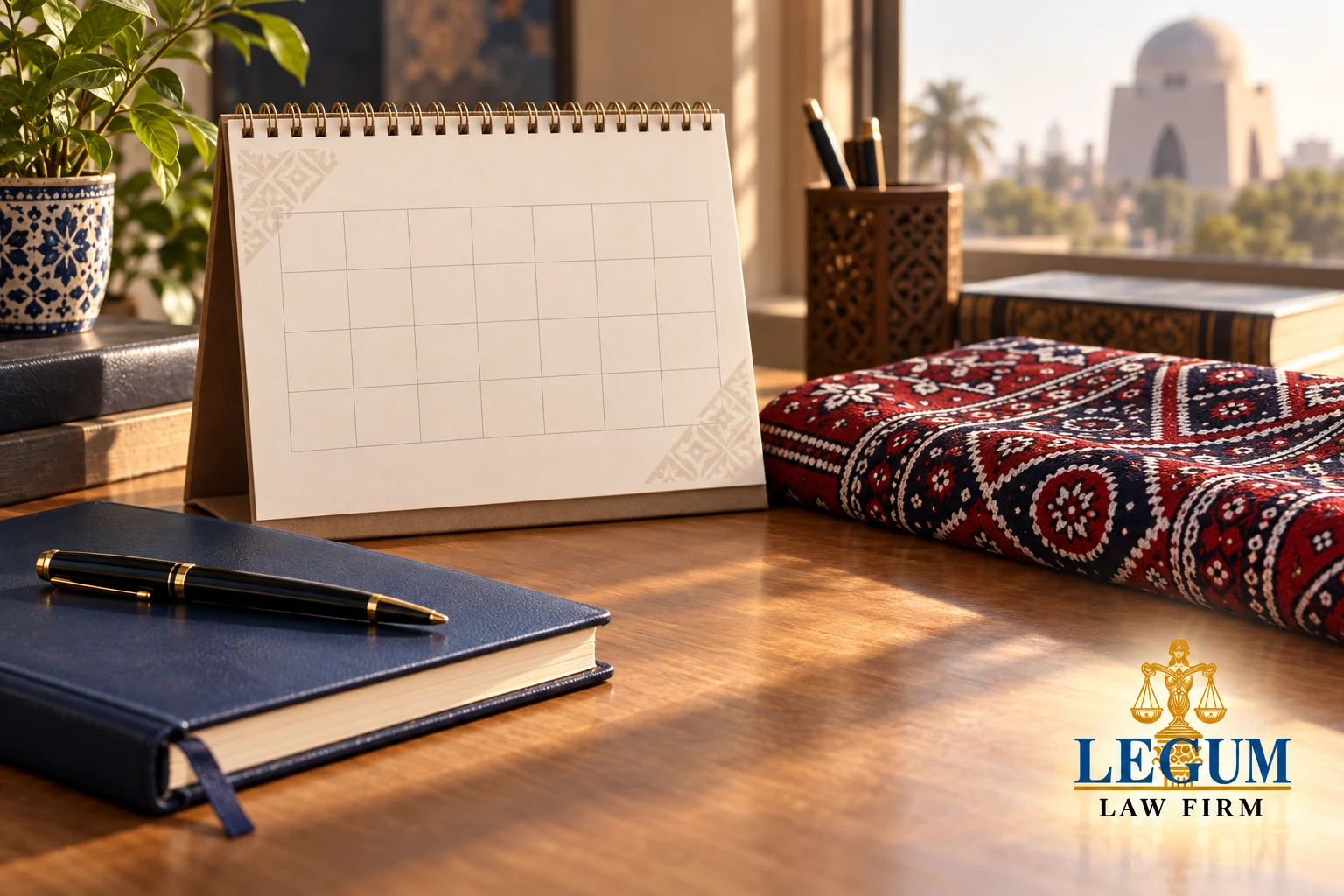 A blank desk calendar, notebook and ajrak cloth in a sunlit office scene.