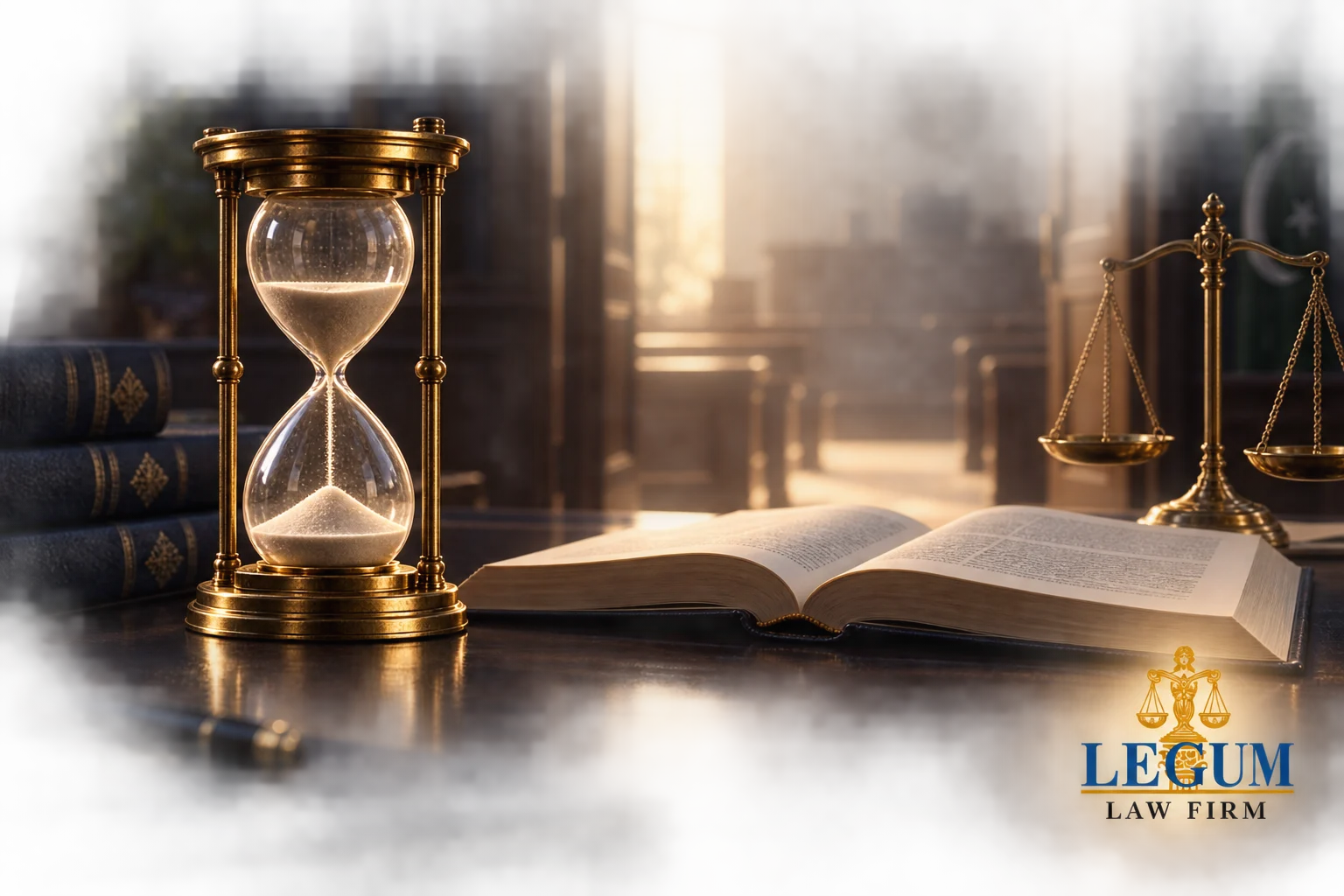 Hourglass beside law books and scales of justice, illustrating trial delay.