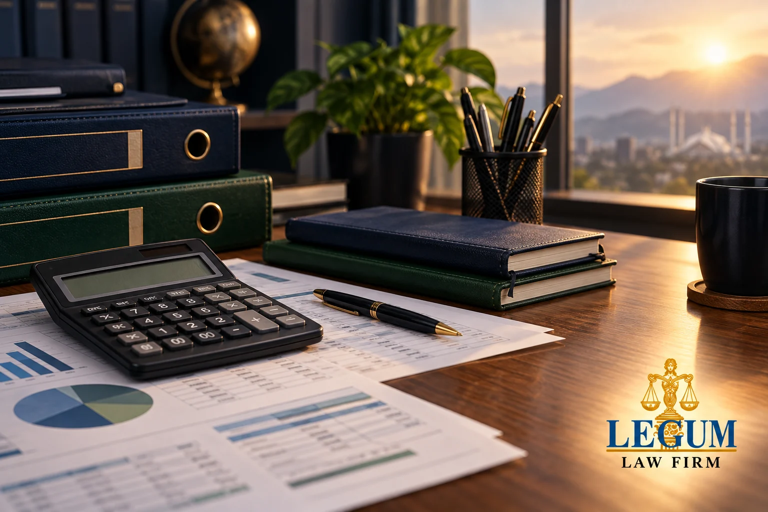 A calculator, financial charts, folders and notebooks on a sunlit desk.