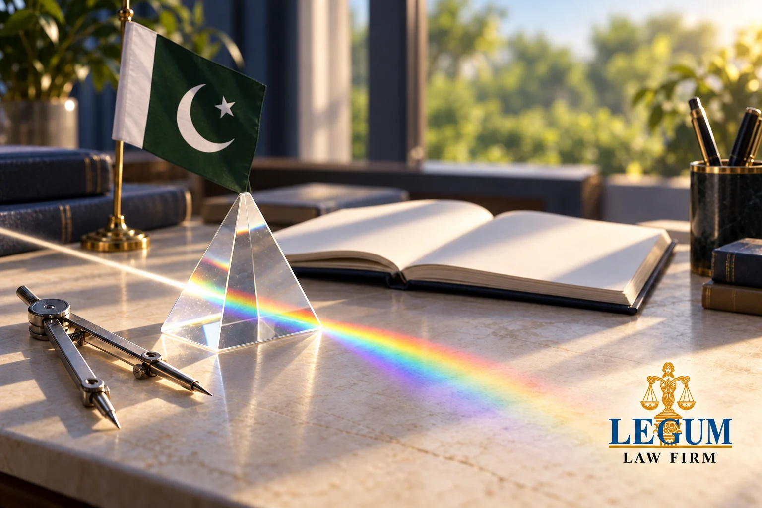 A glass prism casts a spectrum beside a drawing compass, blank notebook and Pakistan flag.