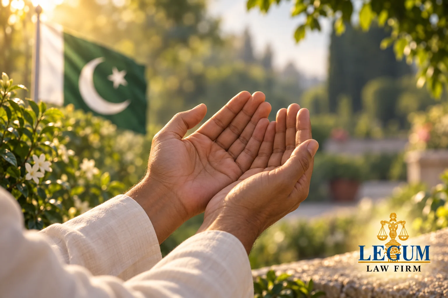 Hands raised in prayer, with a Pakistan flag in a sunlit garden.